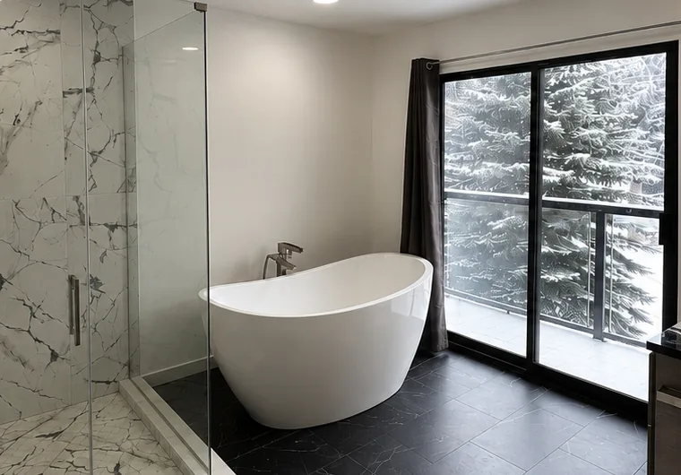 Custom home primary bathroom with a book-matched marble shower, freestanding soaking tub, and black slate floor