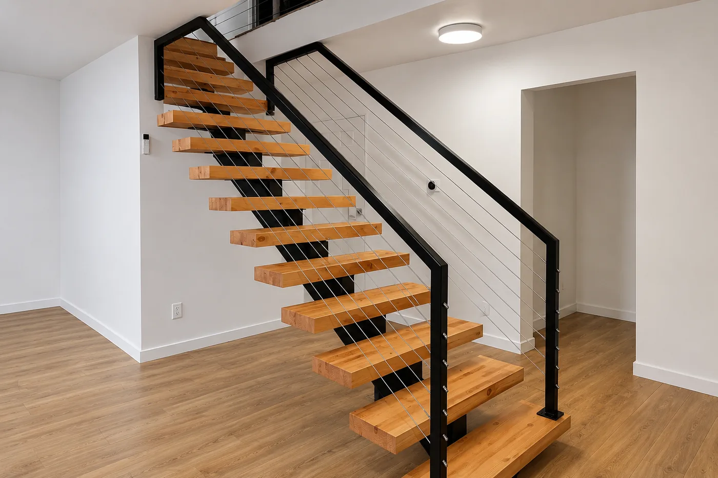 Floating staircase with thick cedar treads cantilevered off a black steel stringer, with a stainless cable railing