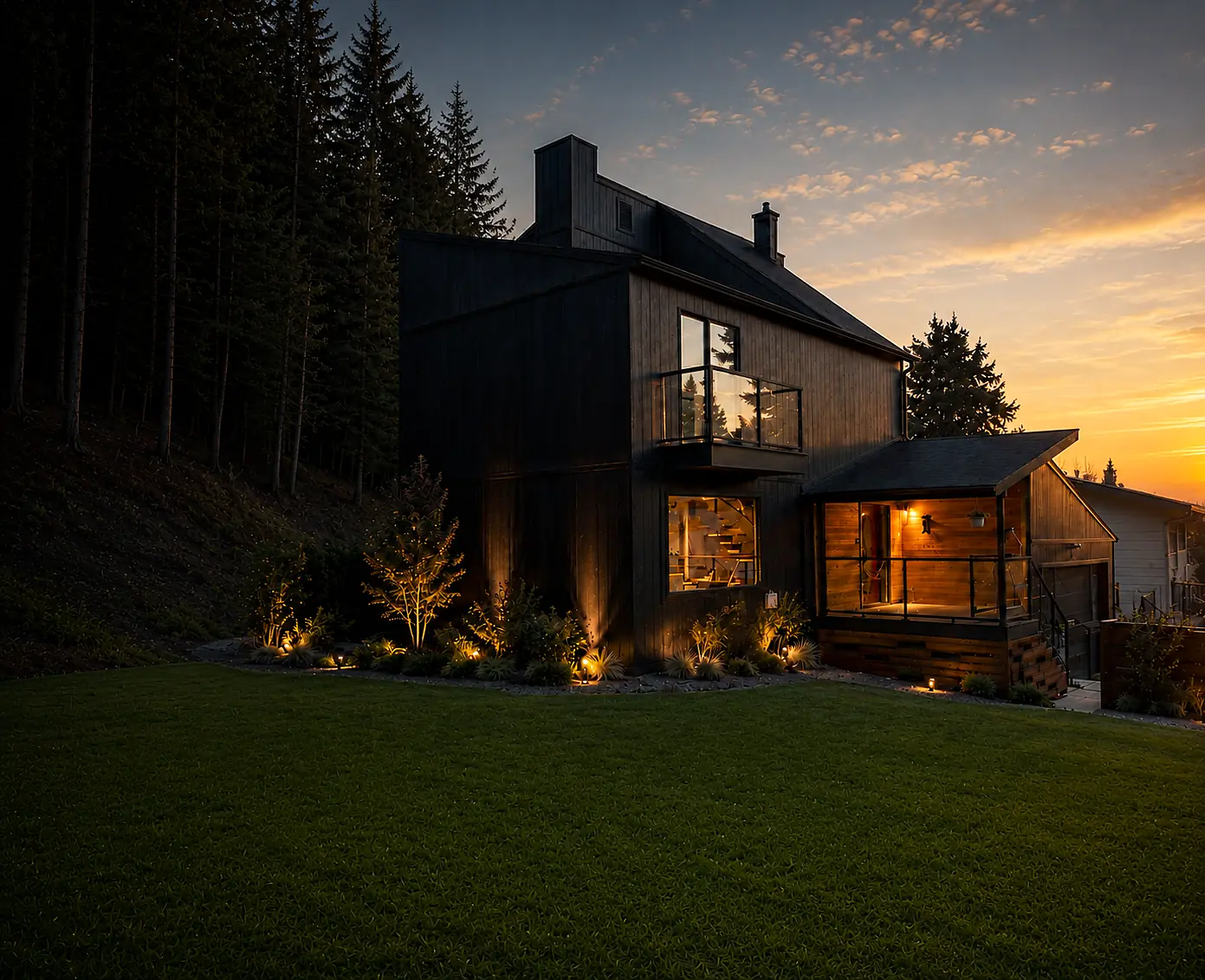 Completed black board-and-batten custom home at sunset, cedar-lined entry porch lit from within, landscape lighting along the planting beds and lawn